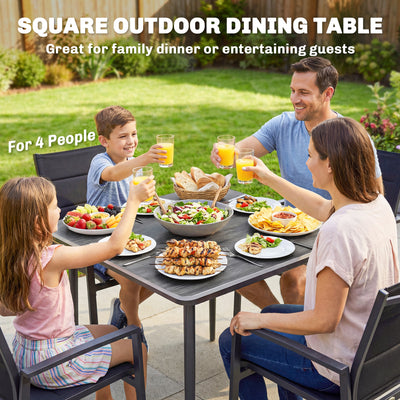 Outsunny Garden Dining Table for 4, 85 cm Square Outdoor Table with Umbrella Hole, Faux Wood Top, Metal Legs, Dark Grey 
