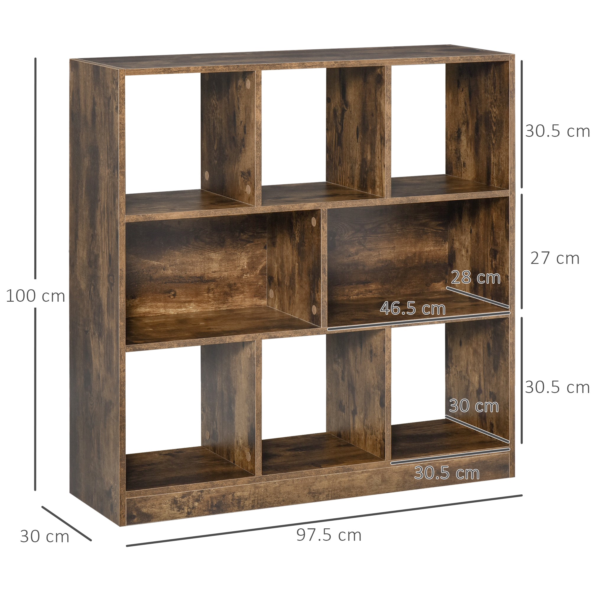 HOMCOM 3-Tier Bookcase, Storage Shelf Unit with Open Compartments, for Living Room, Bedroom, Office, Divider, 97.5 x 30 x 100 cm, Rustic Brown 