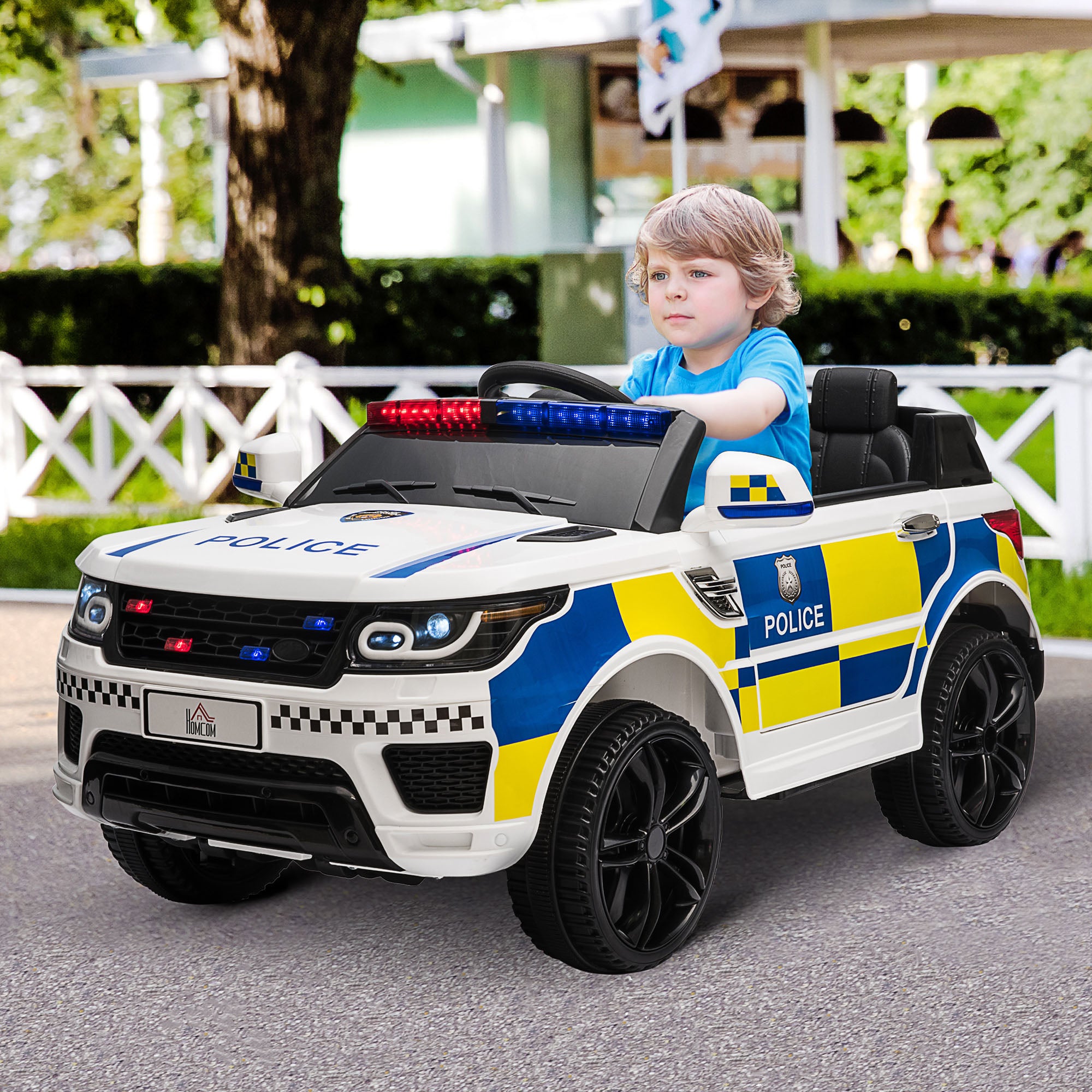 HOMCOM 12V Kids Electric Ride On Police Car 2 Motors with Parental Remote Control Siren Flashing Lights USB Portable for 3-6 Years White 