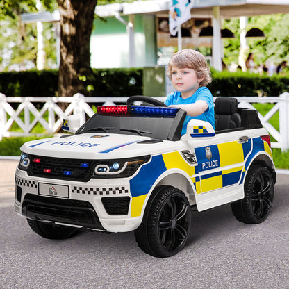 HOMCOM 12V Kids Electric Ride On Police Car 2 Motors with Parental Remote Control Siren Flashing Lights USB Portable for 3-6 Years White 