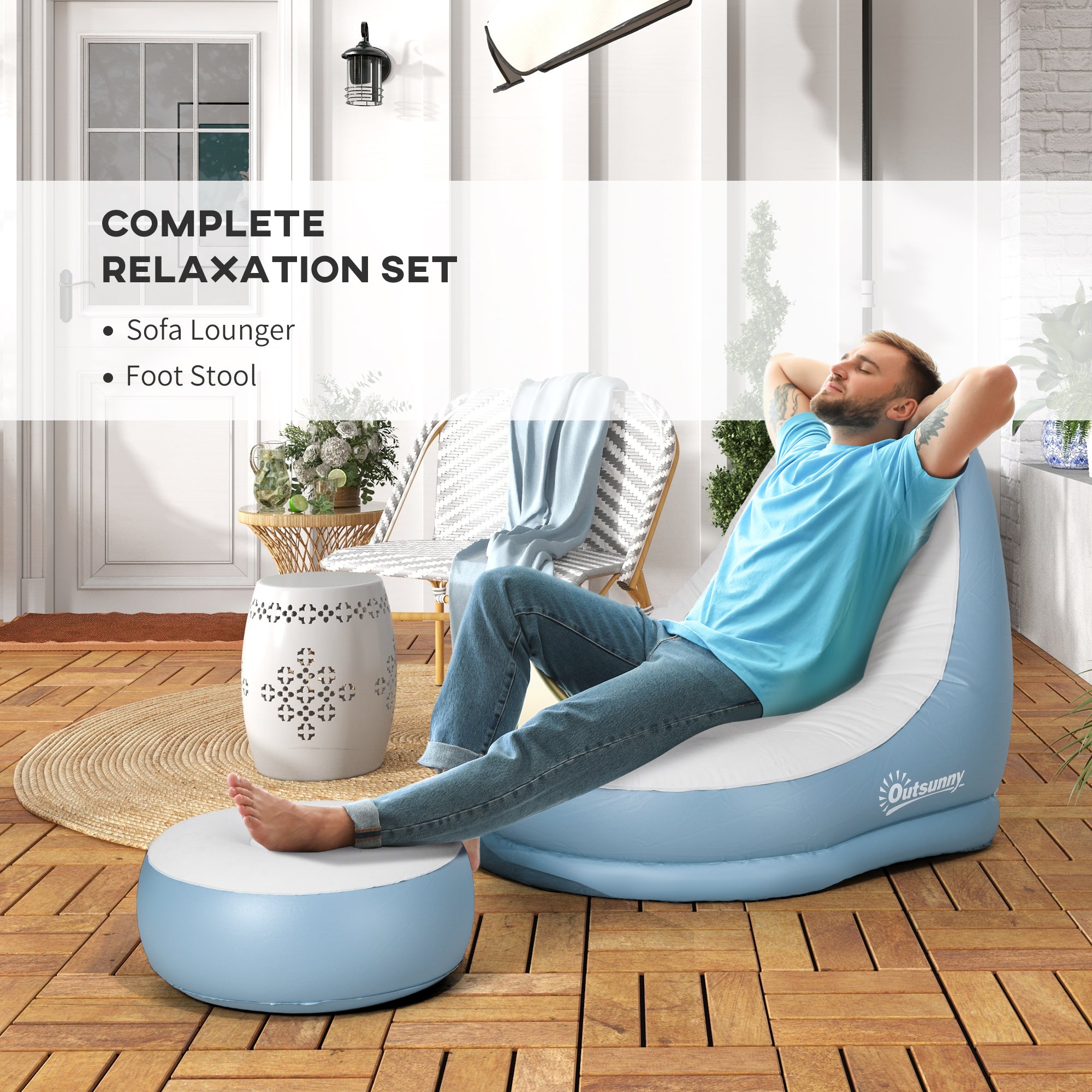 Outsunny Inflatable Tub Chair and Footstool - Blue/White 