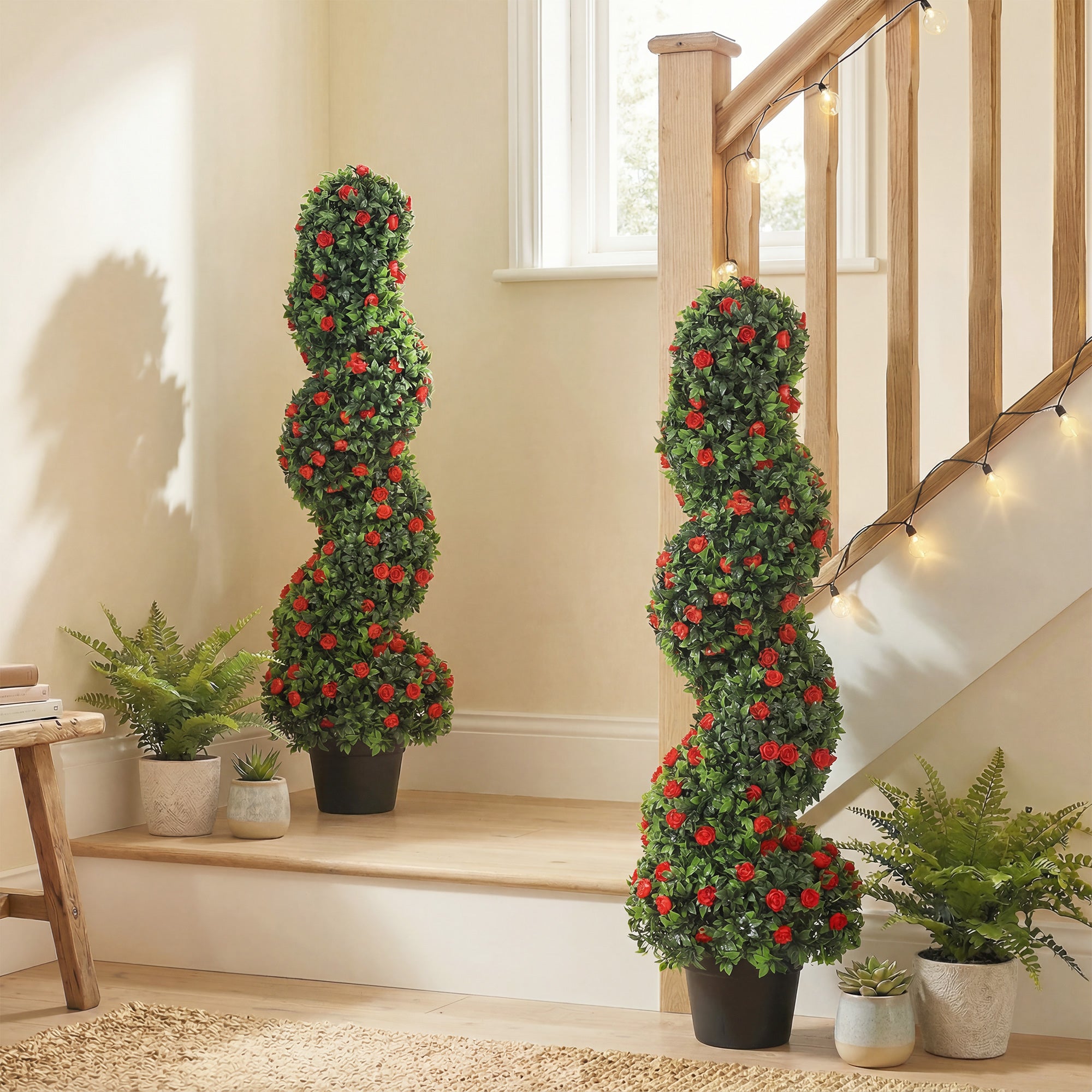 HOMCOM Artificial Rose Spiral Topiary Tree Set of 2, Indoor Outdoor Fake Plants with 630 Leaves, 90cm 