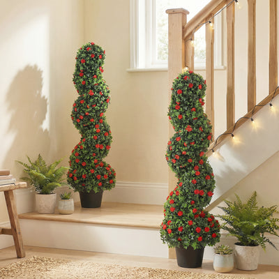 HOMCOM Artificial Rose Spiral Topiary Tree Set of 2, Indoor Outdoor Fake Plants with 630 Leaves, 90cm 