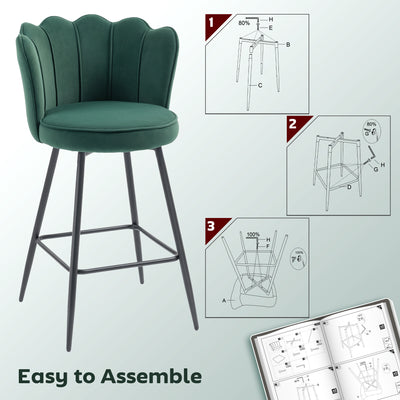 HOMCOM Set of Two Velvet-Feel Lotus Bar Stools - Dark Green 