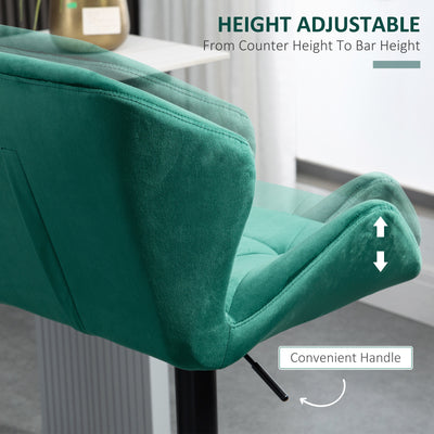 HOMCOM Bar Stools Set Of 2, Luxurious Velvet-Touch Barstools with Metal Frame Footrest Round Base Triangle Indenting Moulded Seat Adjustable Height Swivel Green 