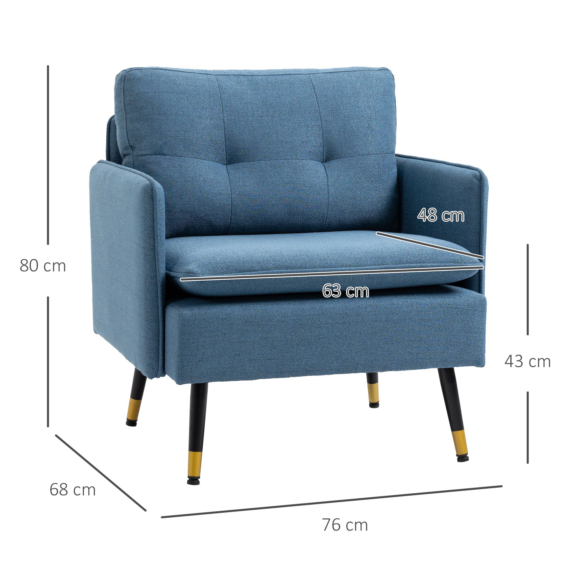 HOMCOM Modern One Seater Sofa, Button Tufted Armchair with Cushions and Steel Legs for Living Room, Guest Room, Dark Blue 