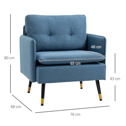 HOMCOM Modern One Seater Sofa, Button Tufted Armchair with Cushions and Steel Legs for Living Room, Guest Room, Dark Blue 
