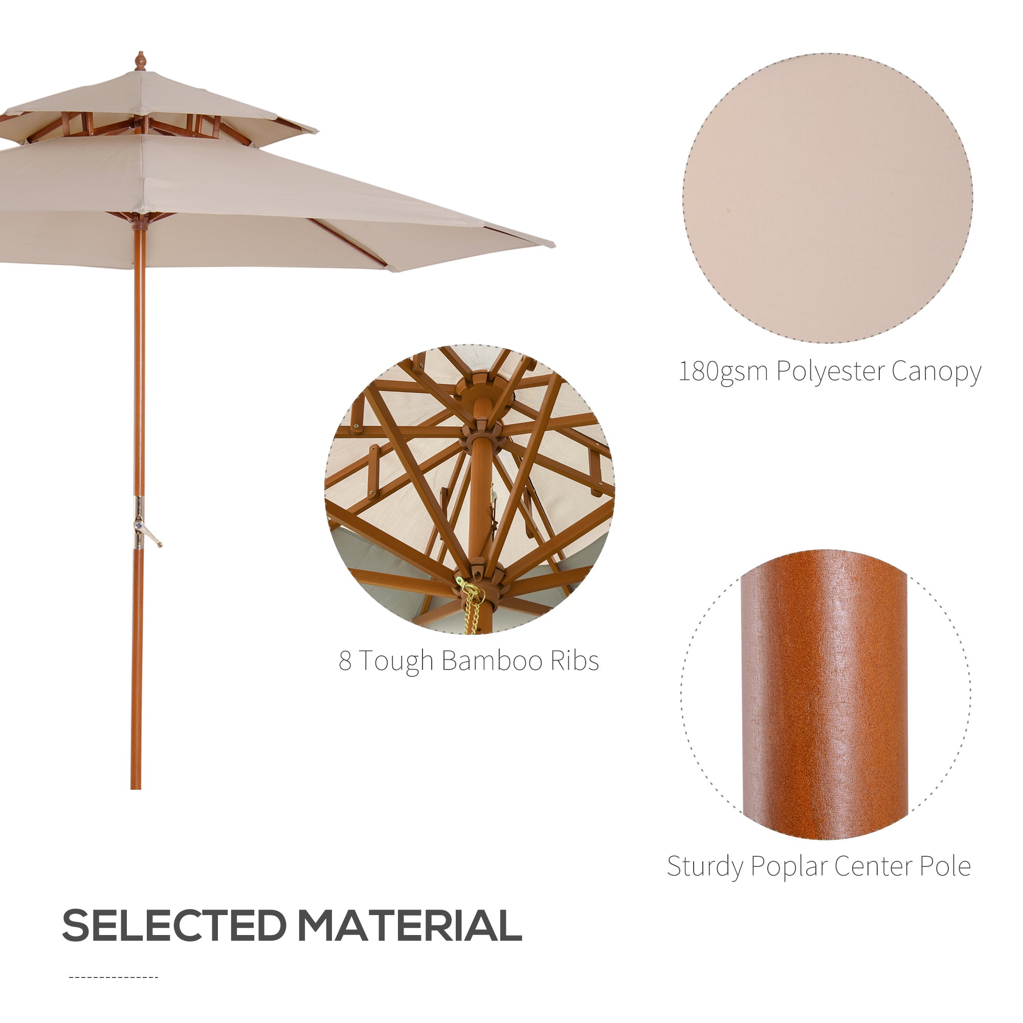 Outsunny 2.7m Elegant Wooden Frame Parasol Umbrella - Beige 