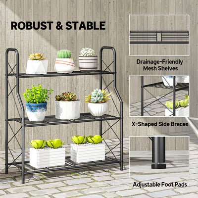 Outsunny 3-Tier Metal Plant Stand, Heavy Duty Ladder Shelf Potted Plants Display Rack, Indoor Outdoor Flower Pot Holder 