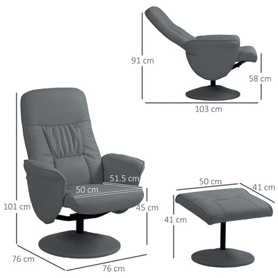 HOMCOM Swivel Recliner Chair with Footstool, PU Leather Armchair and Ottoman with High Back and Round Base for Living Room, Grey 