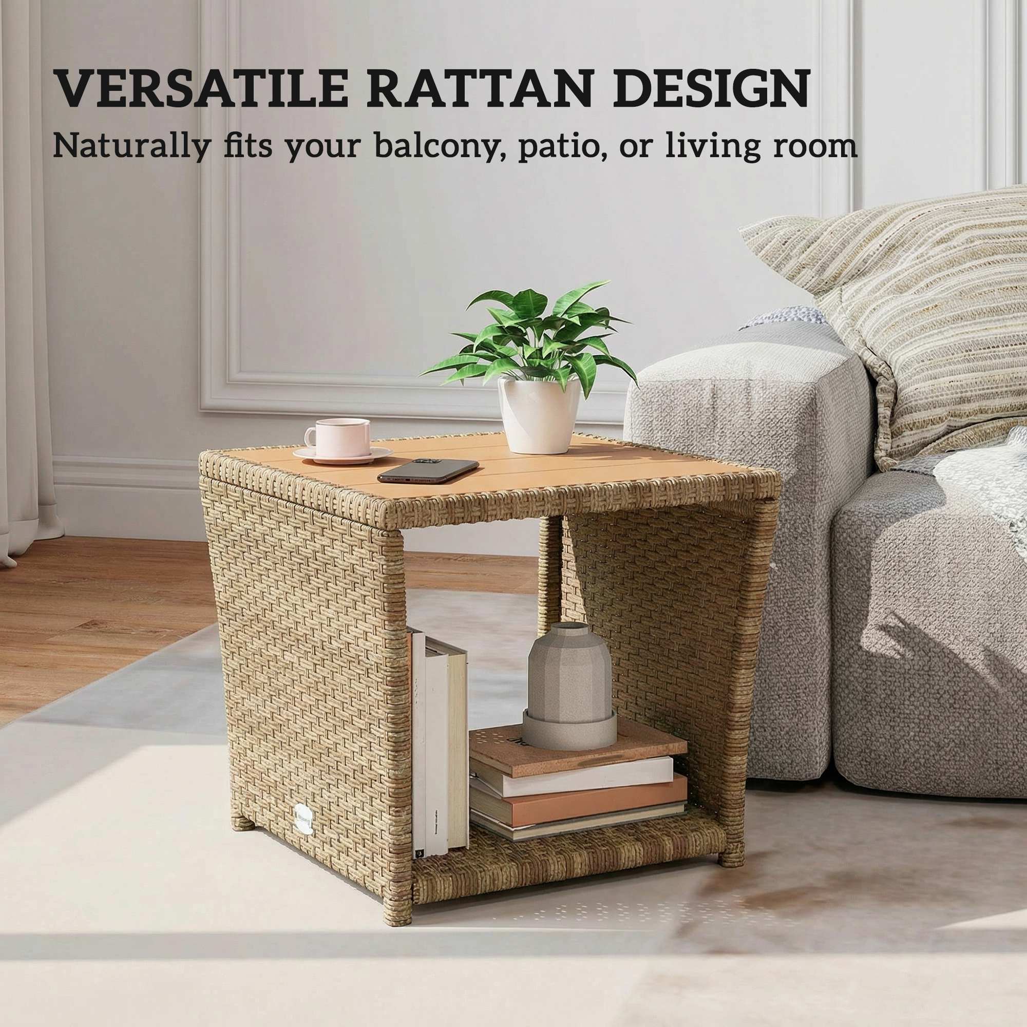 Outsunny Side Table 2-Tier Outdoor Coffee Table with Storage Shelf PS Wood Slat Top/Khaki 
