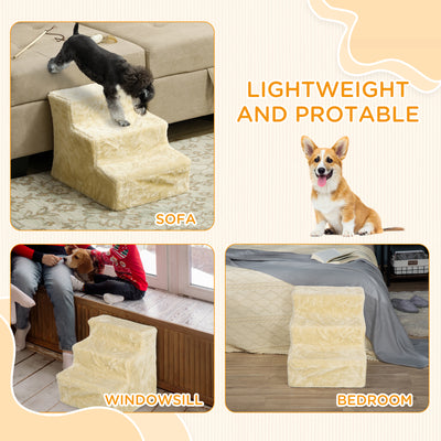 PawHut Three-Step Dog Stairs, with Washable Plush Cover, for High Bed Sofa, Dog Stairs for Small Dog and Cat - Beige 