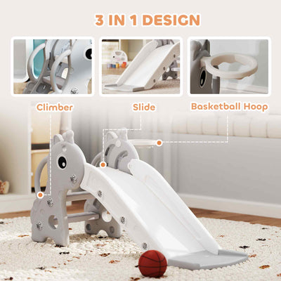 AIYAPLAY 3 in 1 Kids Slide with Climber, Basketball Hoop and Ball, Giraffe Shape Climber Slide for Indoor Kids Age 1-3, Grey 