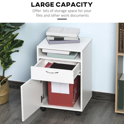 HOMCOM 60cm Filing Cabinet with Drawer, Open Shelf, Metal Handles and 4 Wheels, Office Home Organiser Mobile Printer, White 