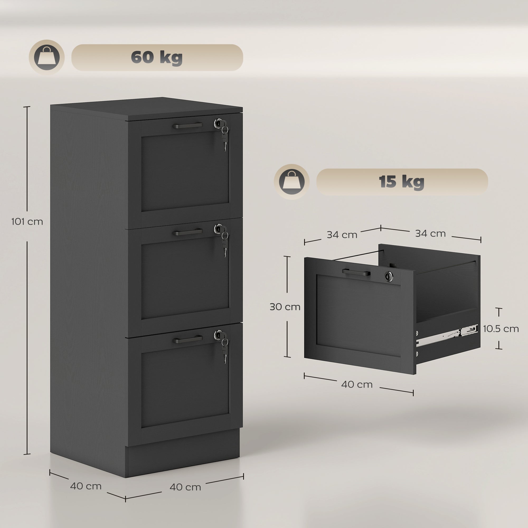 HOMCOM 3-Drawer Filing Cabinet with Lock - Black 