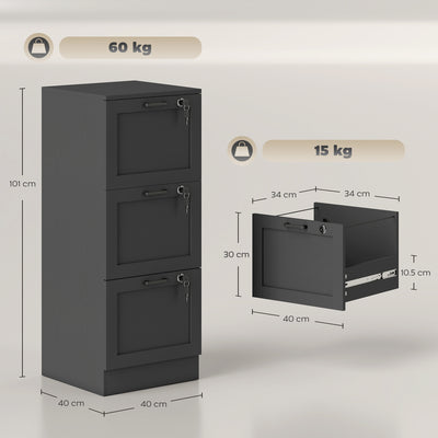 HOMCOM 3-Drawer Filing Cabinet with Lock - Black 