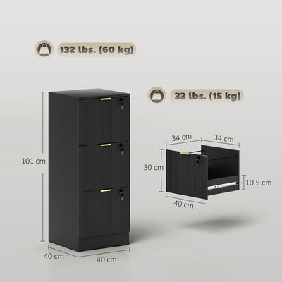 HOMCOM Filing Cabinet, Fluted Vertical File Cabinet with 3 Lockable Drawers and Hanging Rails, Black 