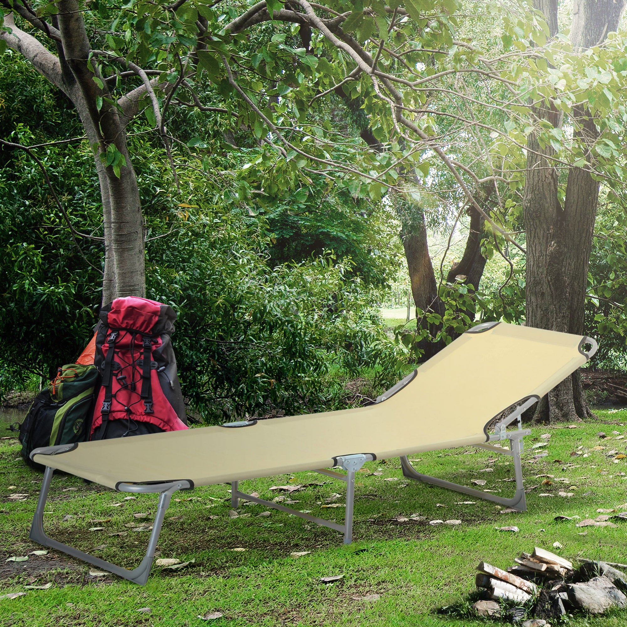 Outsunny Reclining Sun Lounger Chair Folding Camping Bed with 4-Position Adjustable Backrest, for Travel Indoor Outdoor Office Fishing, Beige 