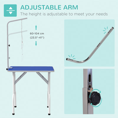 PawHut 32" Foldable Dog Grooming Table Pet Drying Beauty Table Adjustable Fixed Arm Rubber Top, Blue 