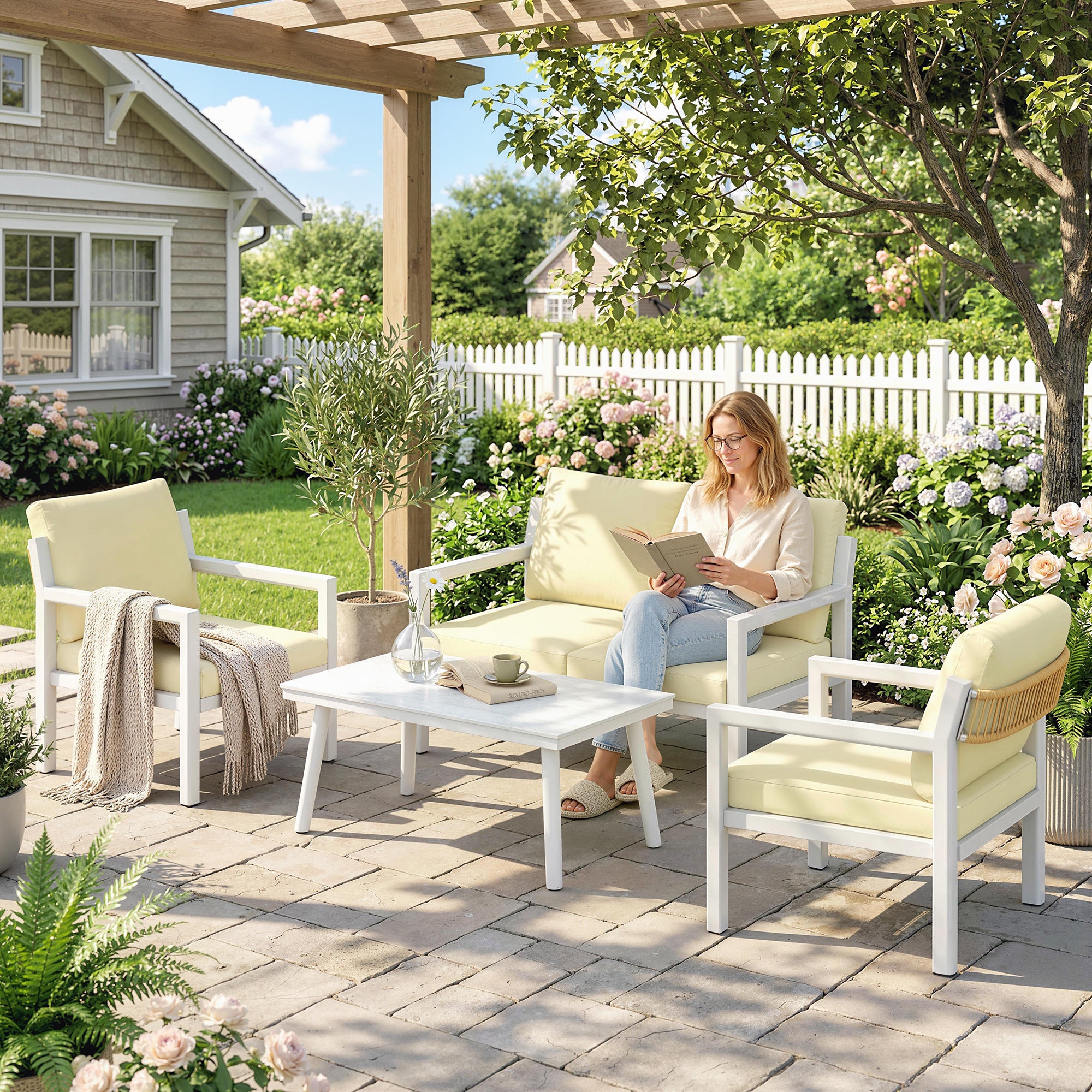 Outsunny 4 Seater Rattan Garden Furniture Set with 2 Armchairs, Loveseat, Coffee Table, Garden Sofa Set with Cushions, Brown 