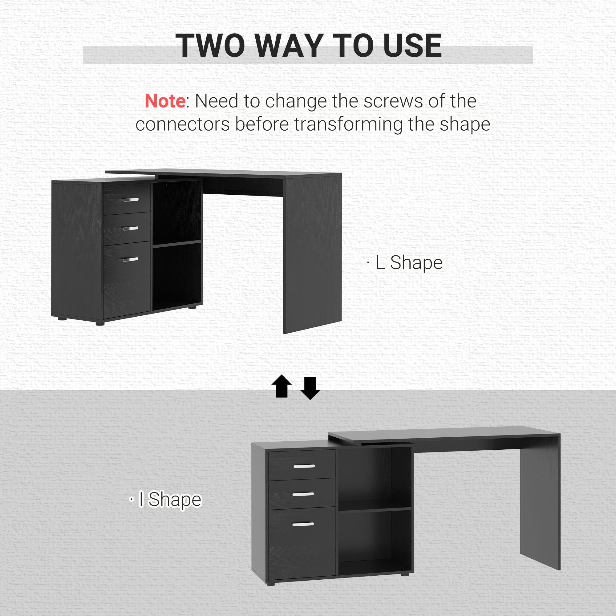 HOMCOM L Shaped Computer Desk, Reversible Home Office Desk with Drawers, File Cabinet and Storage Shelves, Study Table, 117 x 83.5 x 76cm, Black 