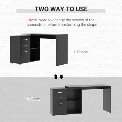 HOMCOM L Shaped Computer Desk, Reversible Home Office Desk with Drawers, File Cabinet and Storage Shelves, Study Table, 117 x 83.5 x 76cm, Black 