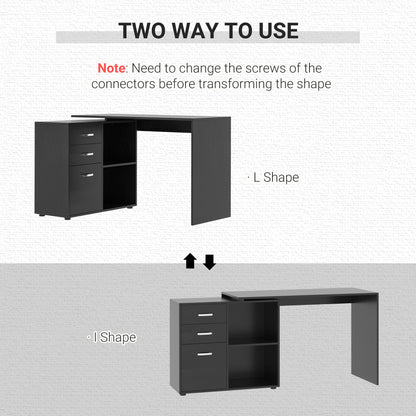 HOMCOM L Shaped Computer Desk, Reversible Home Office Desk with Drawers, File Cabinet and Storage Shelves, Study Table, 117 x 83.5 x 76cm, Black 