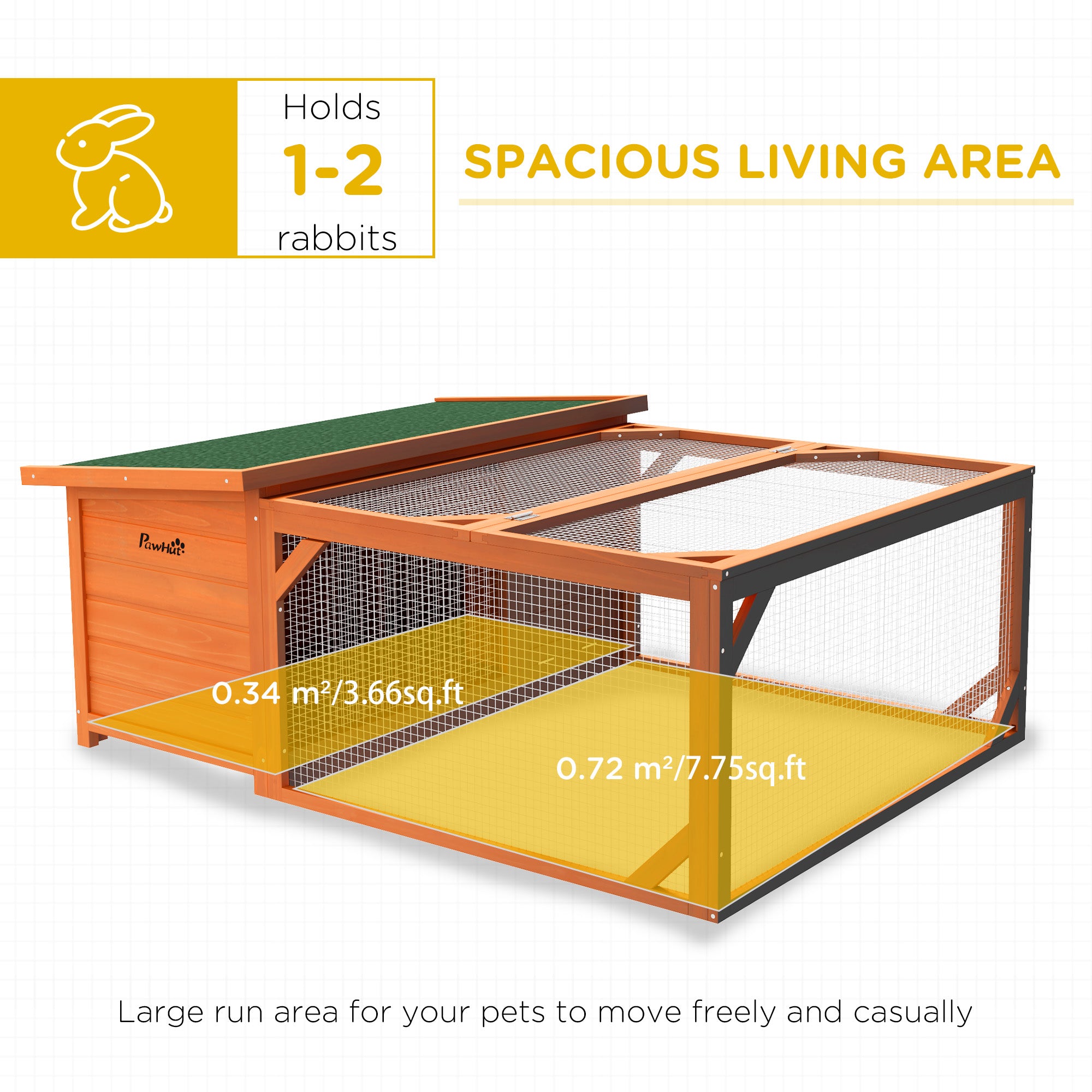 PawHut Rabbit Hutch Outdoor Guinea Pig Hutch with Run Small Animal Off-ground Duck House Hideaway Backyard with Openable Roof 125.5 x 100 x 49cm Orange 