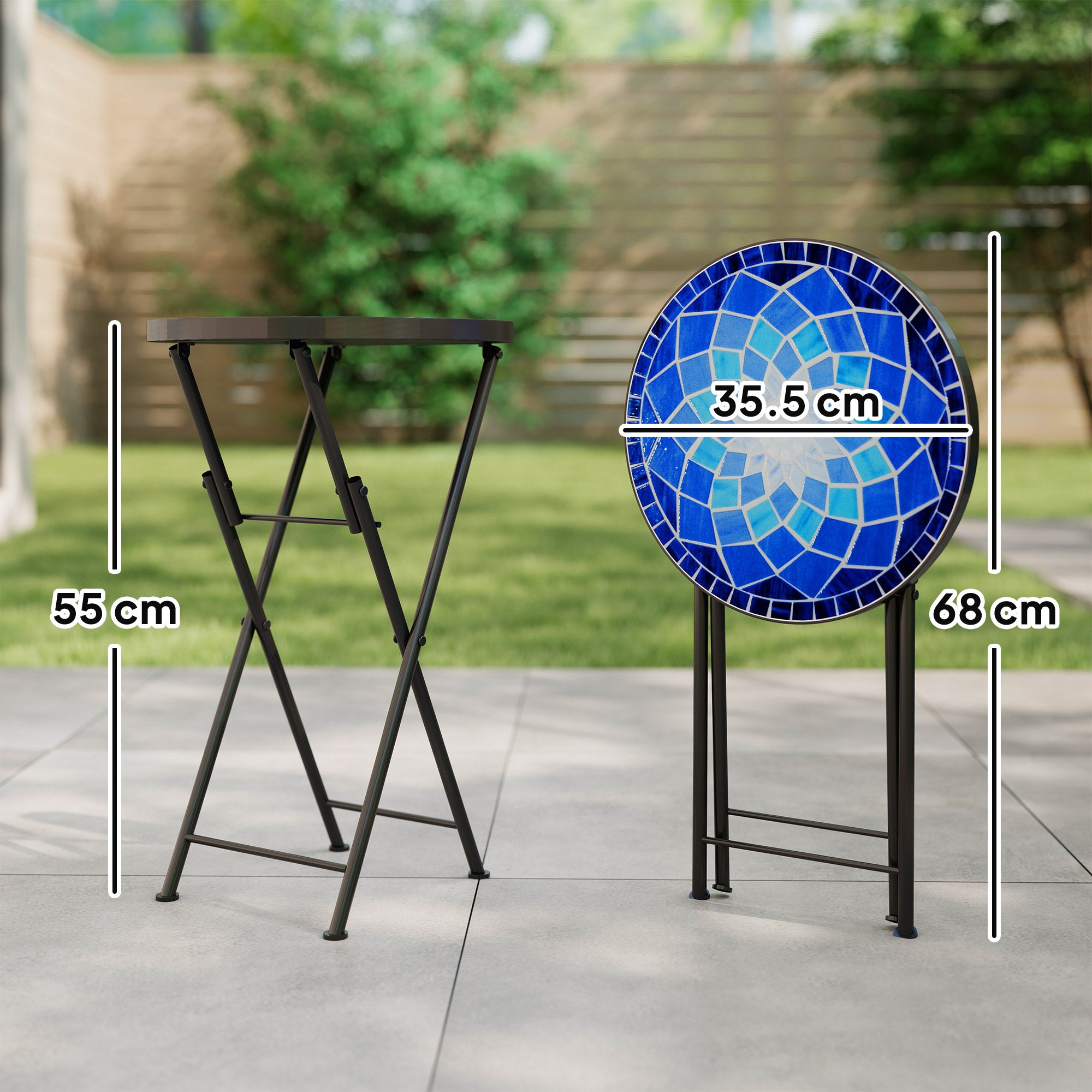 Outsunny Mosaic Outdoor Garden Table, 35.5cm Round Folding Coffee Table with Metal Frame for Balcony Terrace, Navy Blue 