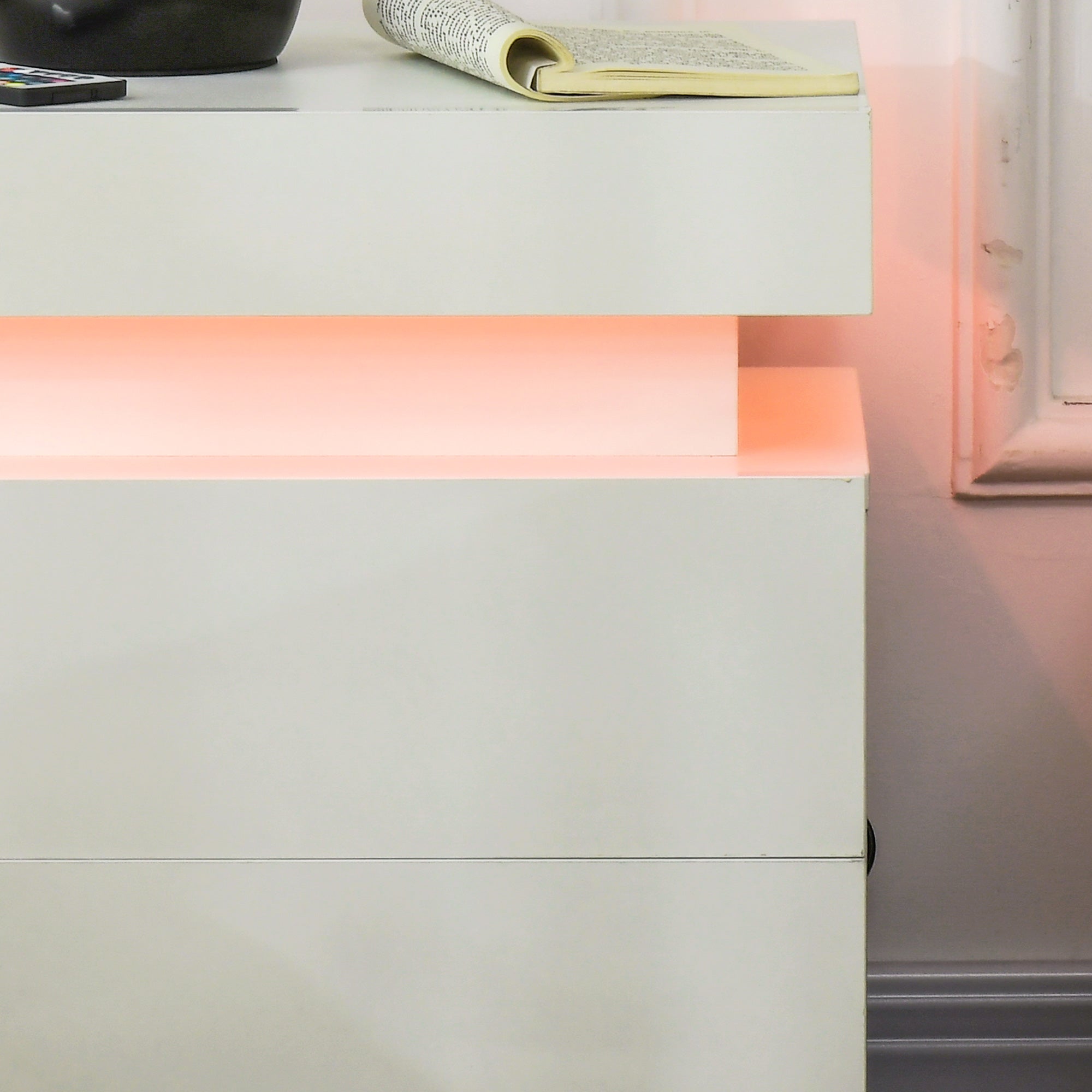 HOMCOM Set of 2 White Bedside Tables with LED Lights, High Gloss Front Nightstands with 4 Drawers 