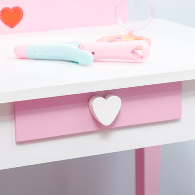 ZONEKIZ Kids Dressing table Set w/ Mirror, Stool, Drawer, Cute Patterns, for Ages 3-6 Years - Pink 