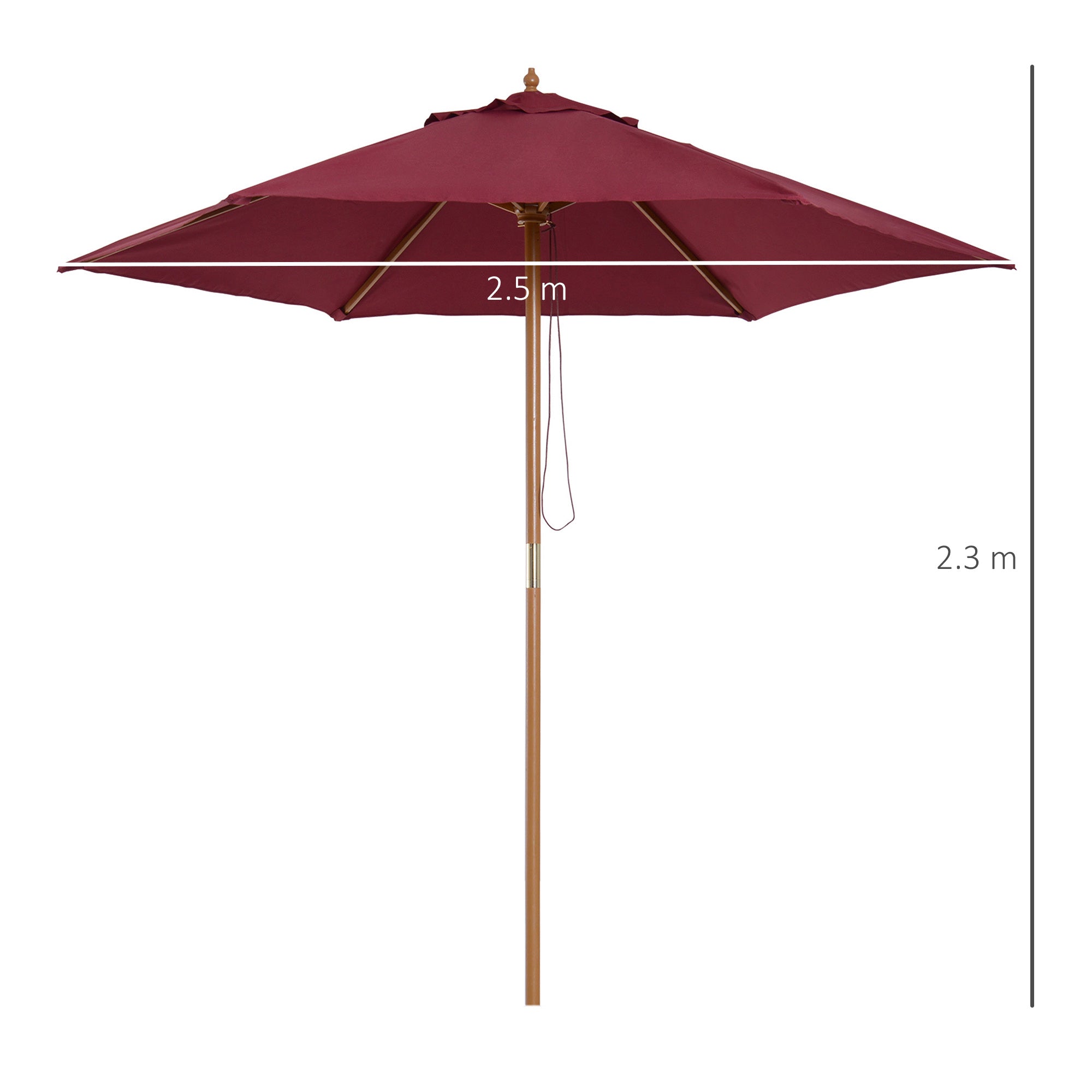 Outsunny 2.5m Wood Garden Parasol Sun Shade Patio Outdoor Wooden Umbrella Canopy Wine Red 