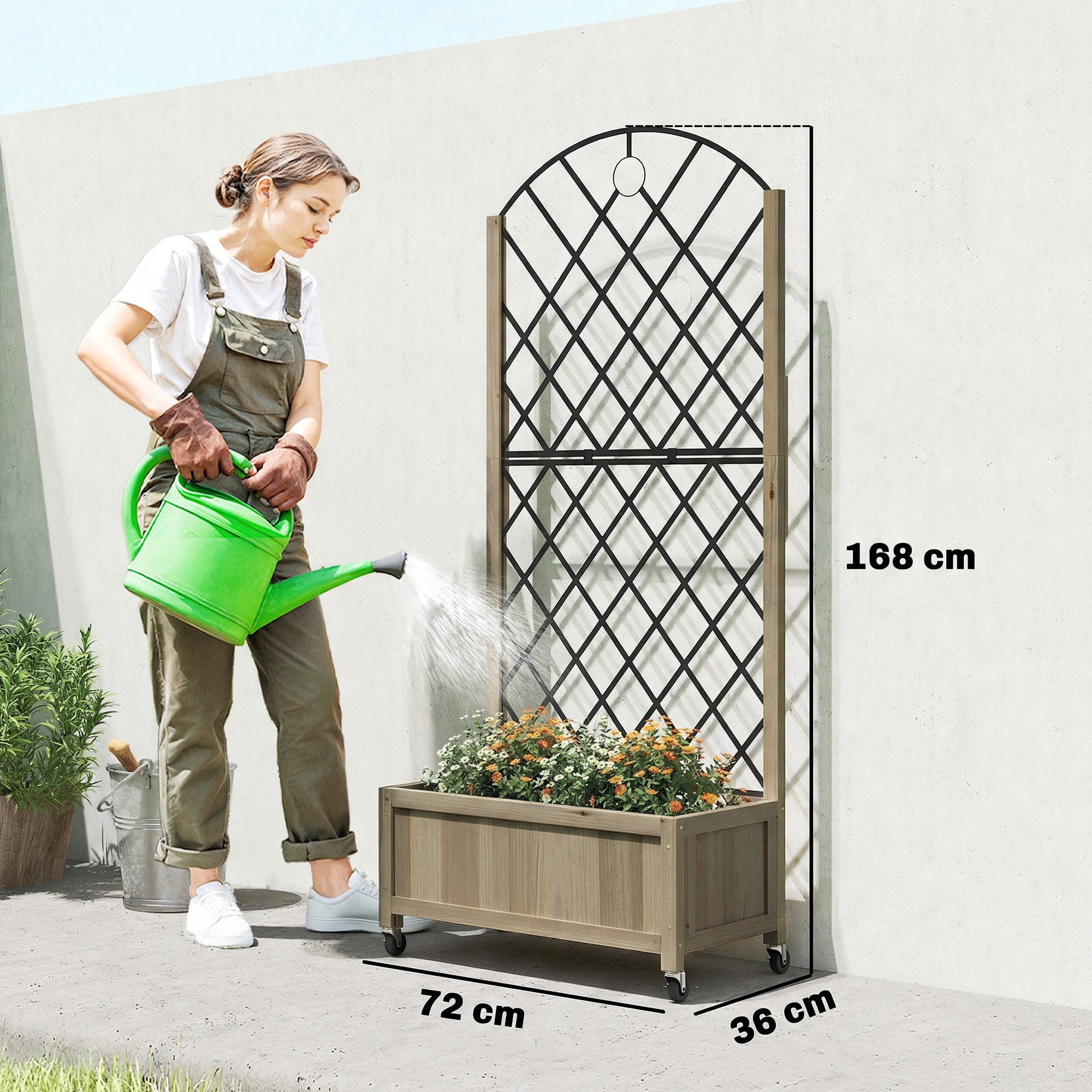 Outsunny Raised Garden Bed with Metal Trellis, Wooden Elevated Planter Box w/Lockable Wheels, Outdoor Raised Planter, Carbonised 