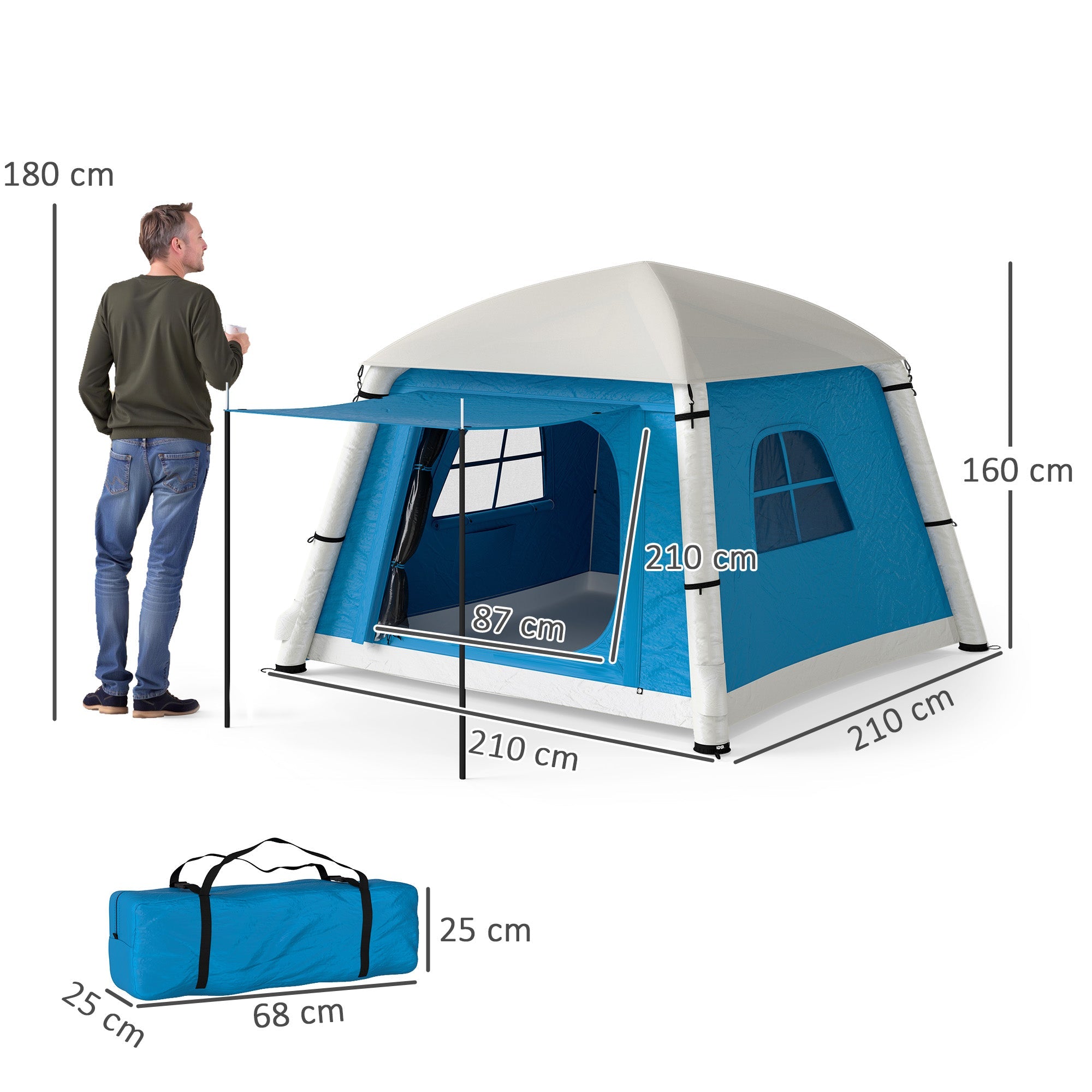 Outsunny Inflatable Camping Tent w/ Hand Pump, Easy Setup 1/2 Person Blow Up Tent Waterproof 190T Taffeta w/ Mesh Windows, Doors and Carry Bag, Light Blue 