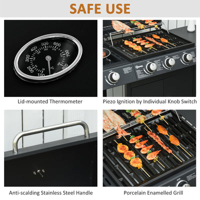 Outsunny 3+1 Burner Gas BBQ Grill, Outdoor Barbecue Trolley with Wheels, Warming Rack, Side Shelves, Cabinet, Thermometer for Garden, Party, Camping, 110L x 50W x 100Hcm, Black 