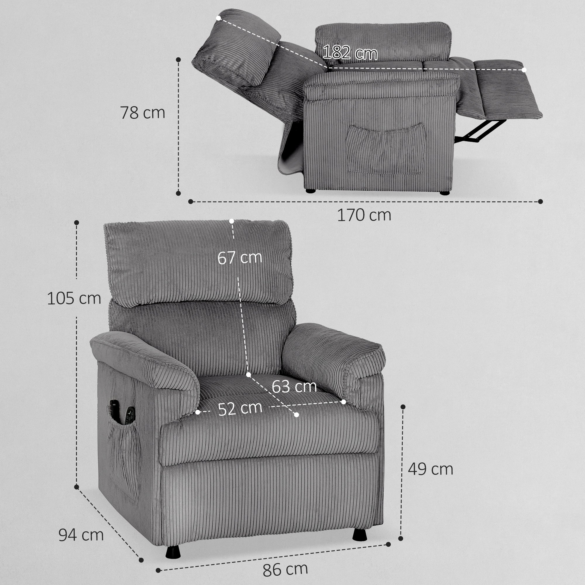 HOMCOM Corduroy Electric Massage Recliner - Grey 
