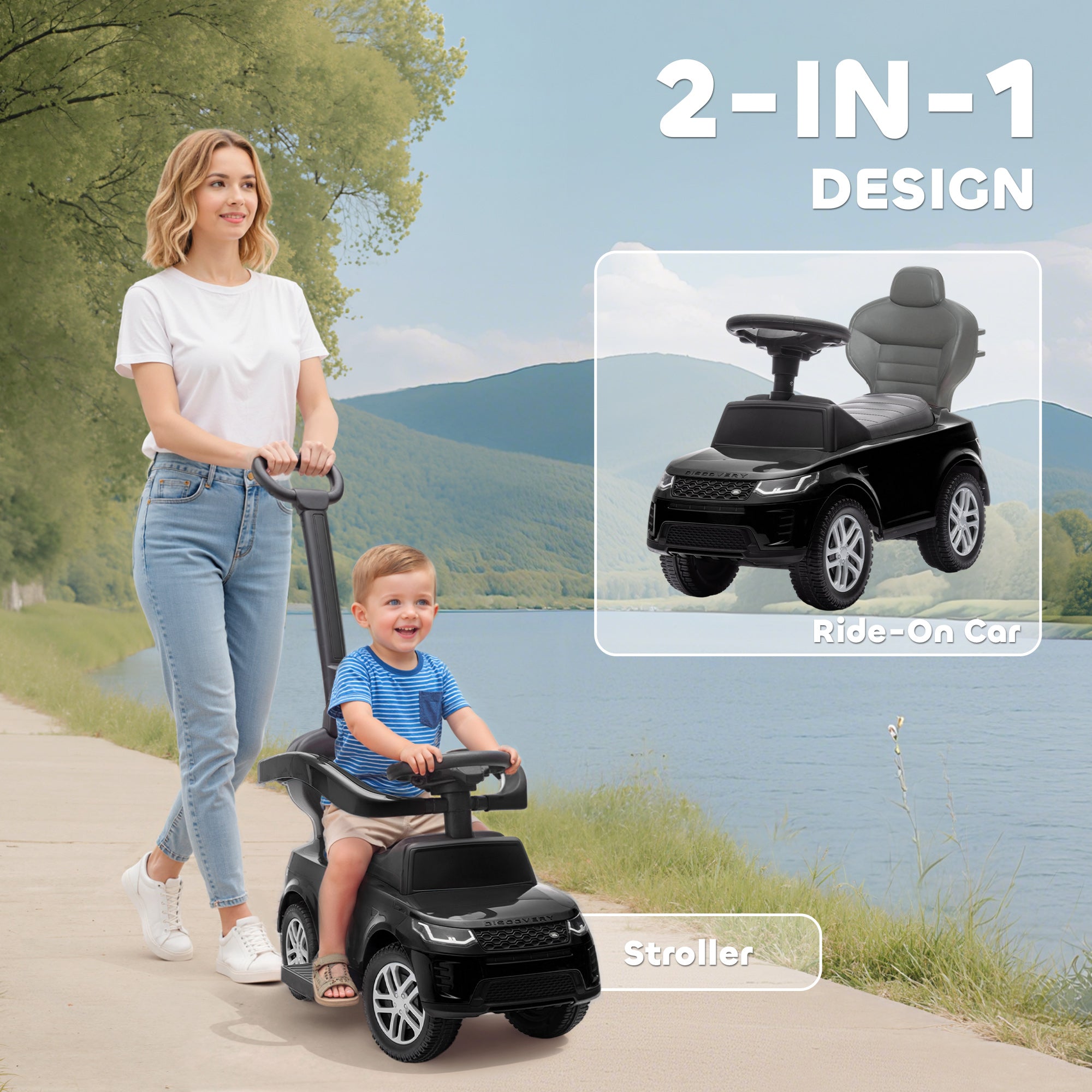 AIYAPLAY Land Rover Discovery Licensed Baby Push Car, 2-in-1 Ride on Car with Push Handle and Safety Guardrail, Black 