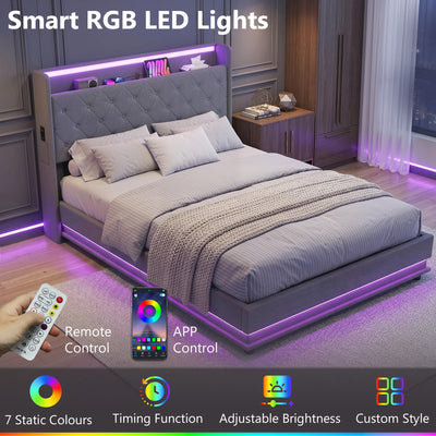 HOMCOM 4ft6 Double Bed Frame with Headboard, Platform Bed Frame with Hydraulic Storage, LED Lights and Charging Station, Grey 