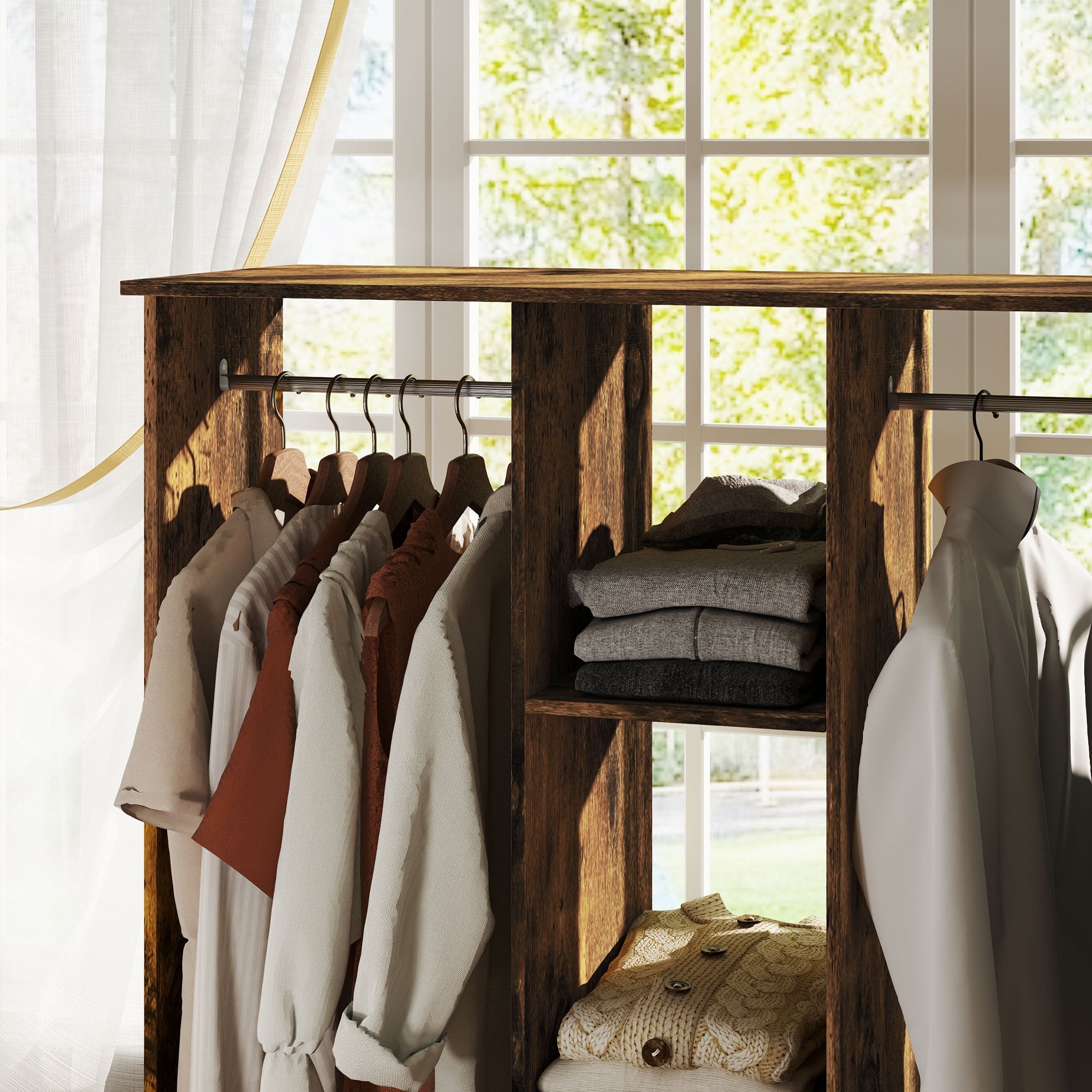 HOMCOM Open Wardrobe Double Mobile Storage Shelves Organizer W/6 Wheels-Rustic Brown 