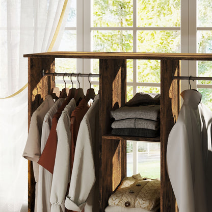 HOMCOM Open Wardrobe Double Mobile Storage Shelves Organizer W/6 Wheels-Rustic Brown 