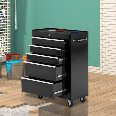 HOMCOM 5-Drawer Tool Chest, Lockable Steel Tool Storage Cabinet with Wheels and Handle Tool Box for Garage, Workshop, Black 