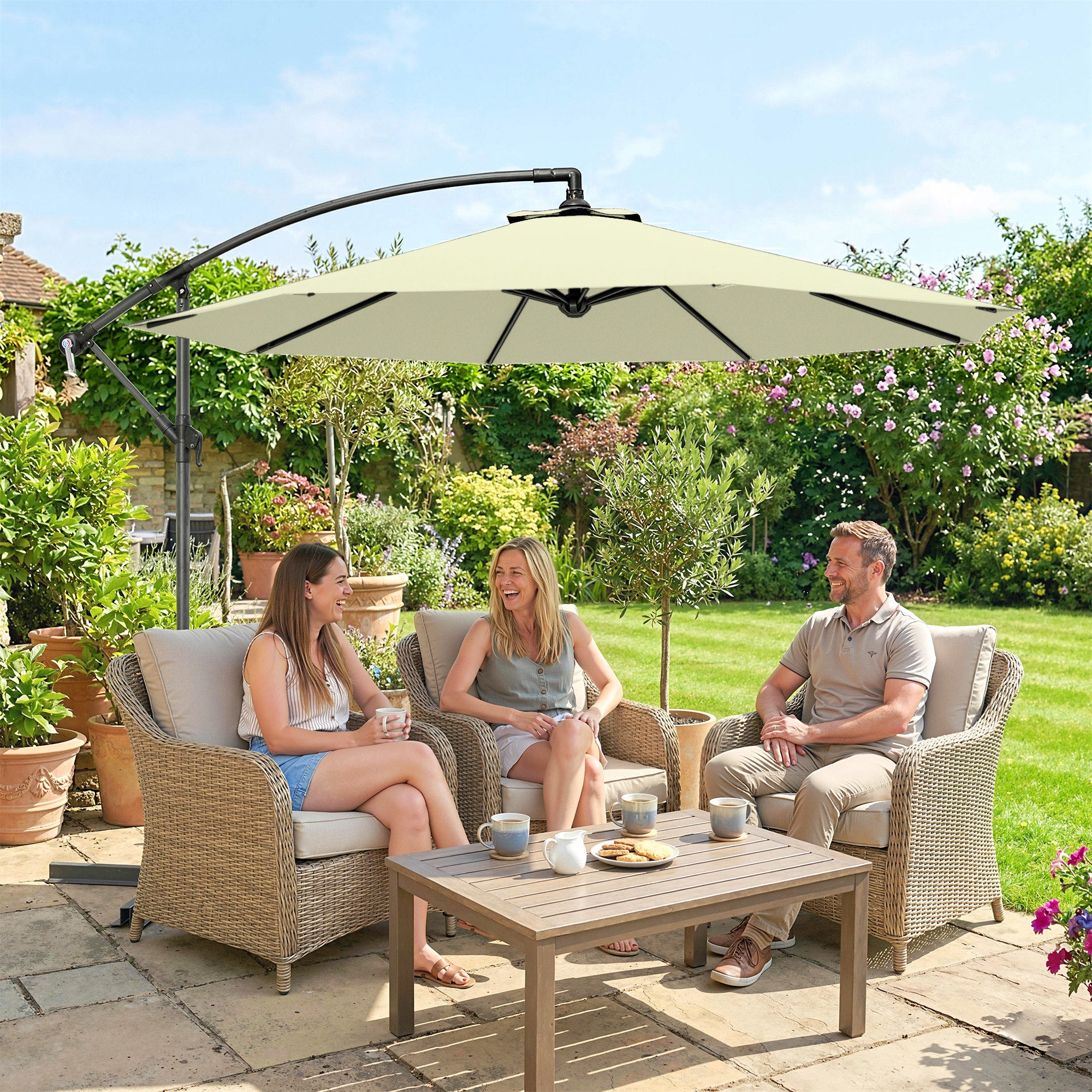 Outsunny 3m Overhanging Cantilever Parasol, with Cross Base - Beige 