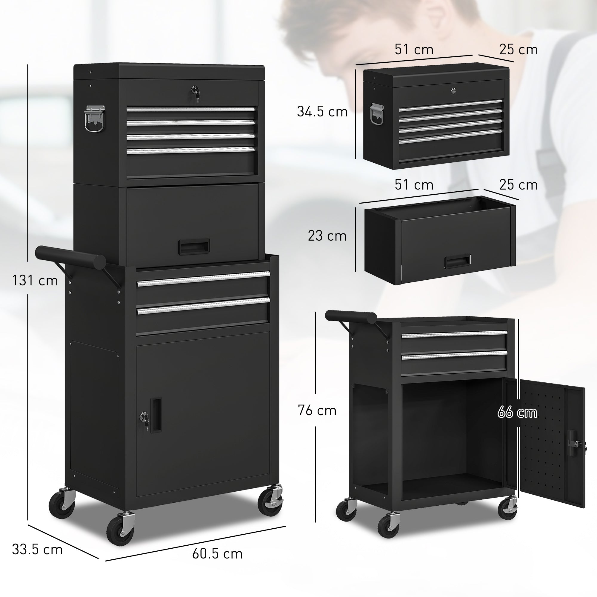 HOMCOM Three-Part Steel Locking Tool Chest - Black 