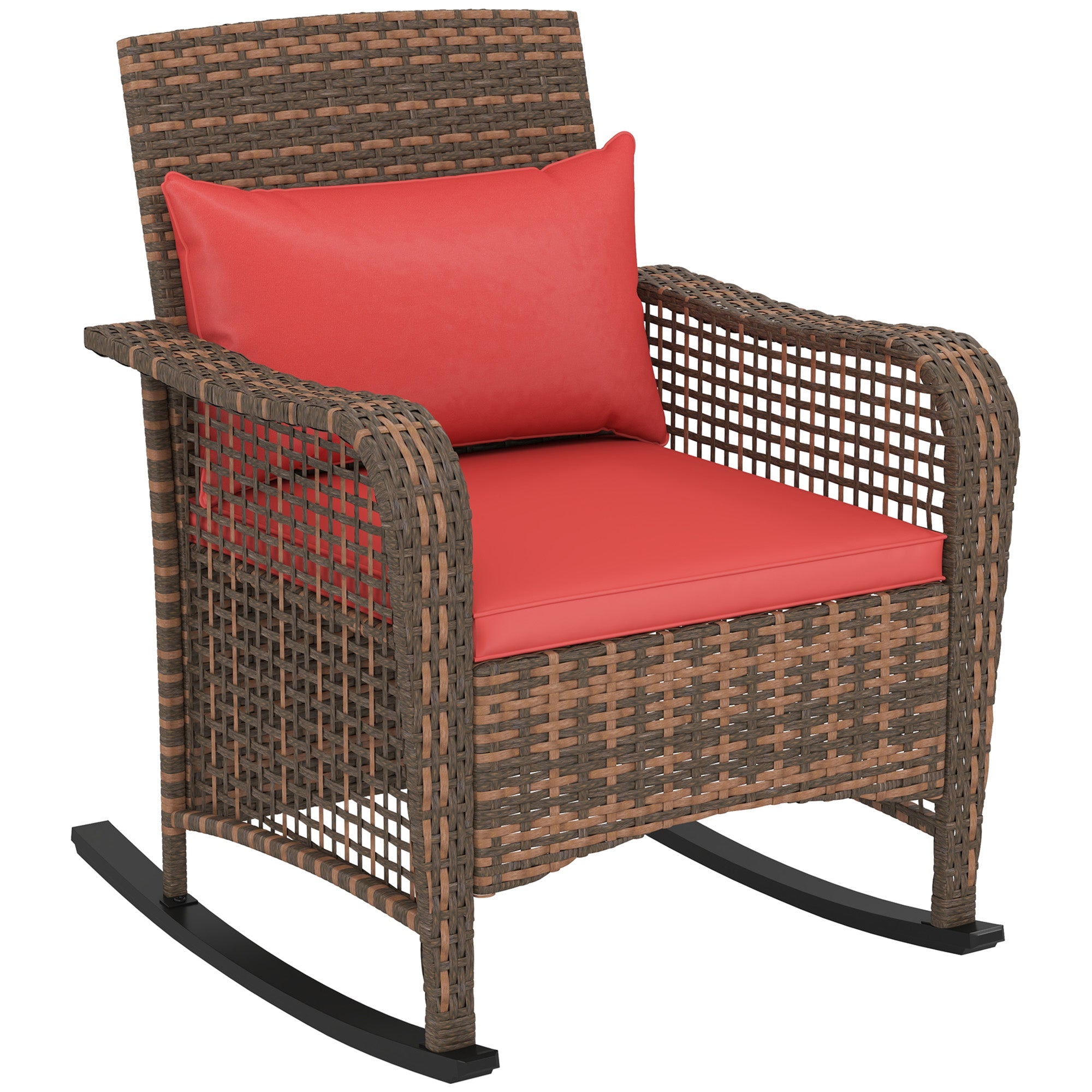 Outsunny Garden Rocking Chair, Outdoor Rattan Rocker Lounge Chair with Seat and Back Cushions, Patio Armchair Seat with All-weather Wicker, Steel Frame for Porch Balcony, Red 