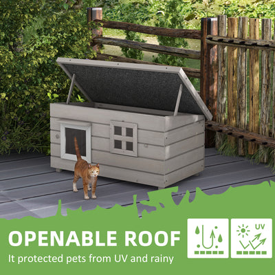 PawHut Wooden Outdoor Cat House, Elevated Cat Shelter Kennel, Pet Play House with Openable Top, Asphalt Roof, Window, Grey 