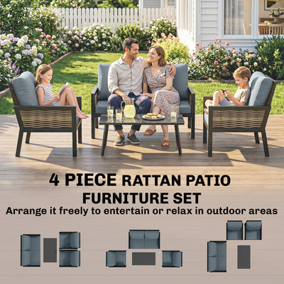 Outsunny 4 Seater Rattan Garden Furniture Set with 2 Armchairs, Loveseat, Coffee Table, Garden Sofa Set with Cushions, Grey 