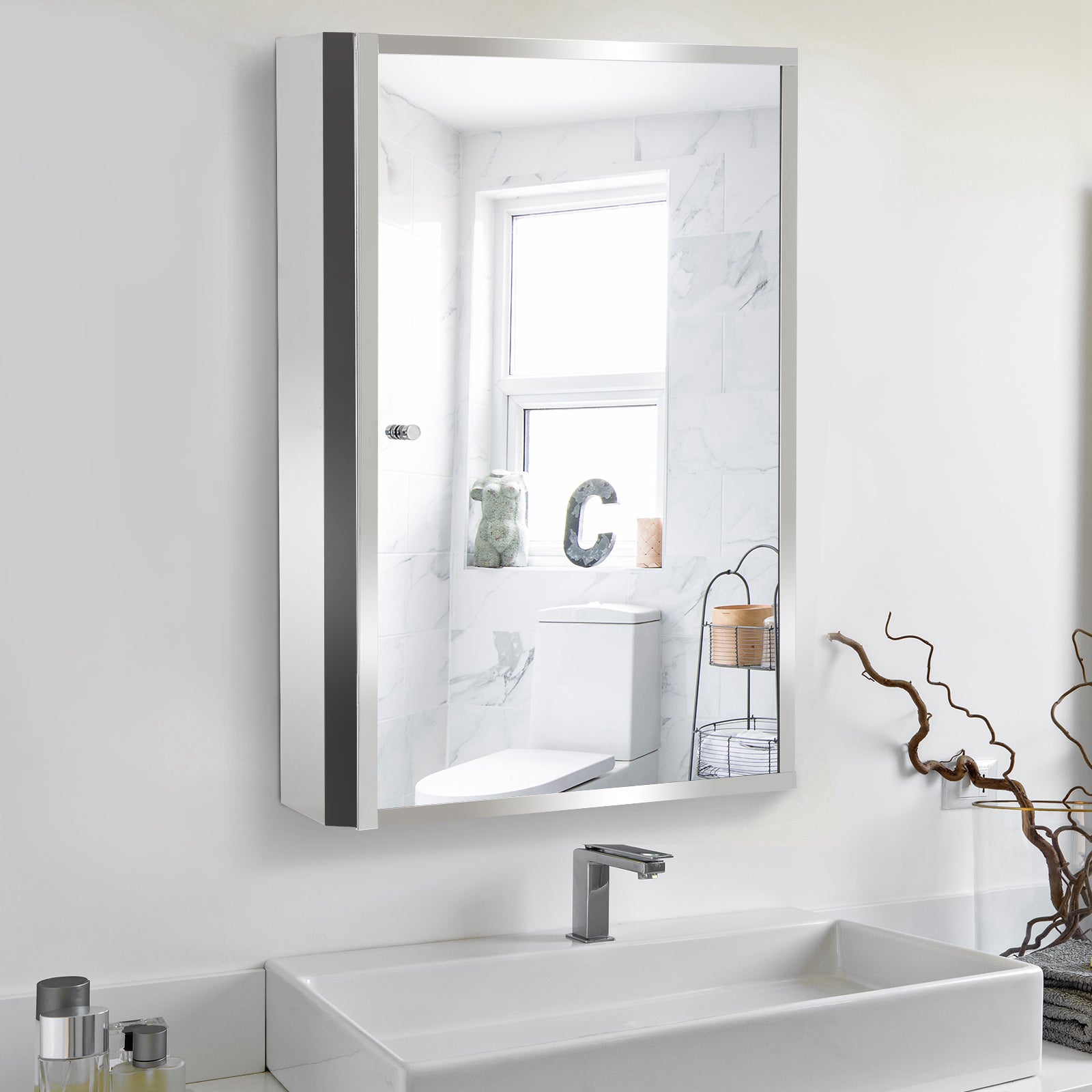 HOMCOM Stainless Steel Wall mounted Bathroom Mirror Cabinet 2 Shelves Storage Unit Furniture w/Single Door (60H x 40L x 13D (cm)) 