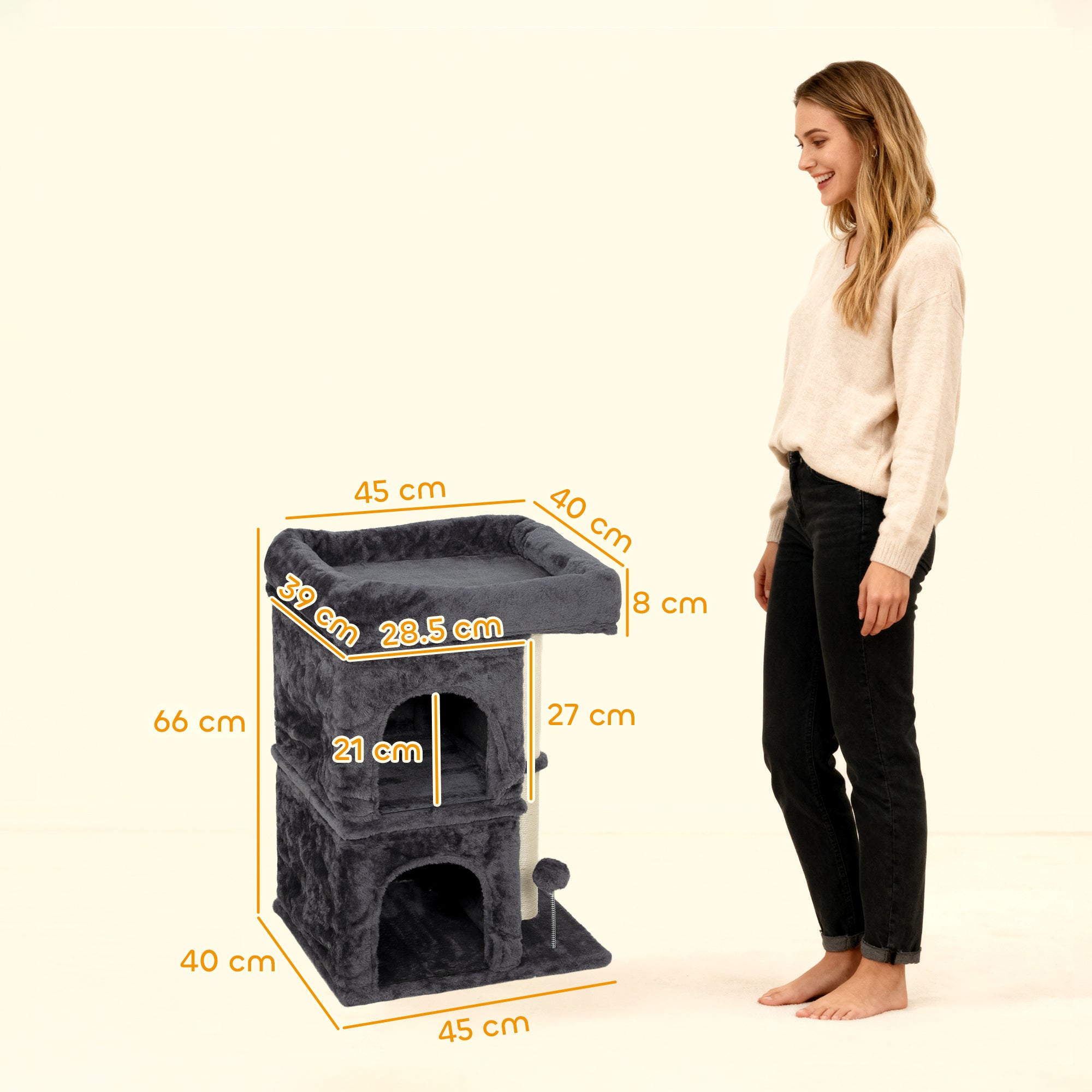 PawHut 66 cm Small Cat Tree for Large Cats, Cat Tower w/ Large Top Perch, 2 Condos, Sisal Scratching Post, Toy Ball, Dark Grey 
