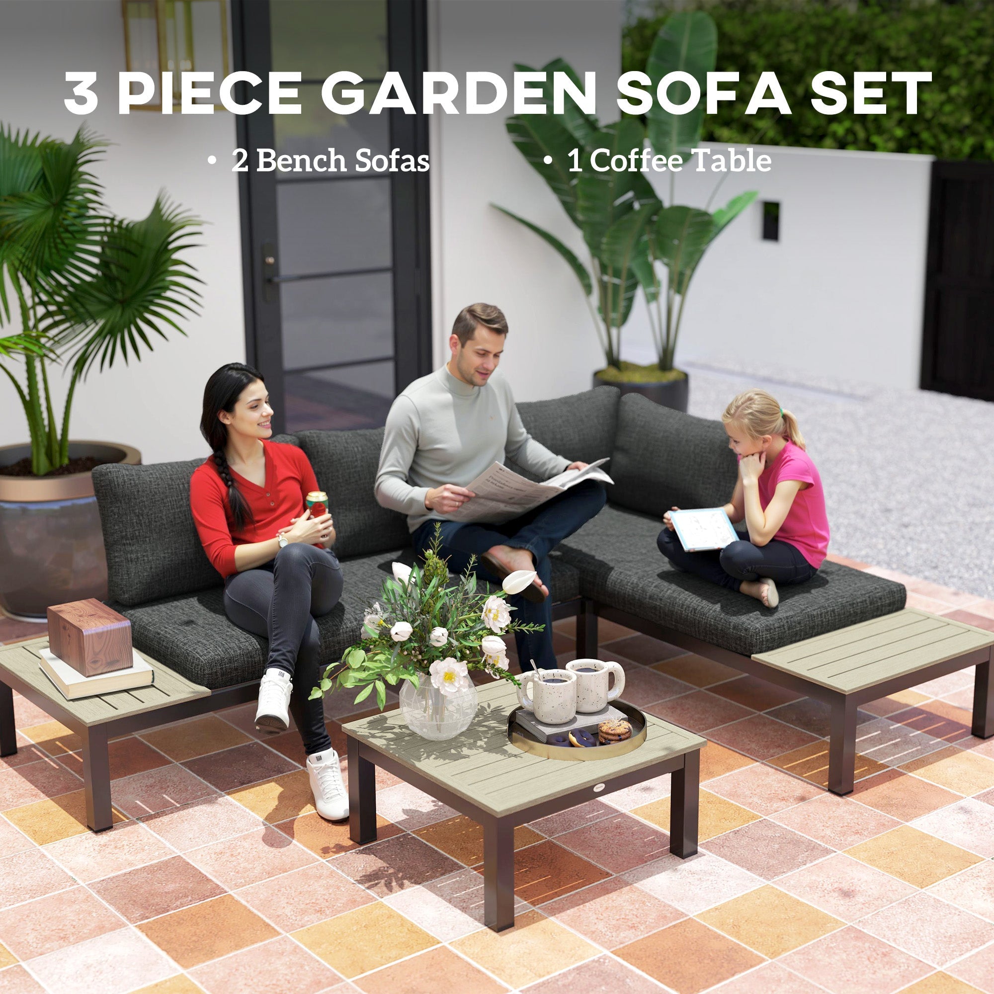 Outsunny 3 Pieces Garden Furniture Set, Aluminium 4 Seater Corner Sofa Set with 2 Loveseats, Coffee Table and Side Trays, Outdoor Conversation Furniture with Cushions for Garden, Dark Grey 