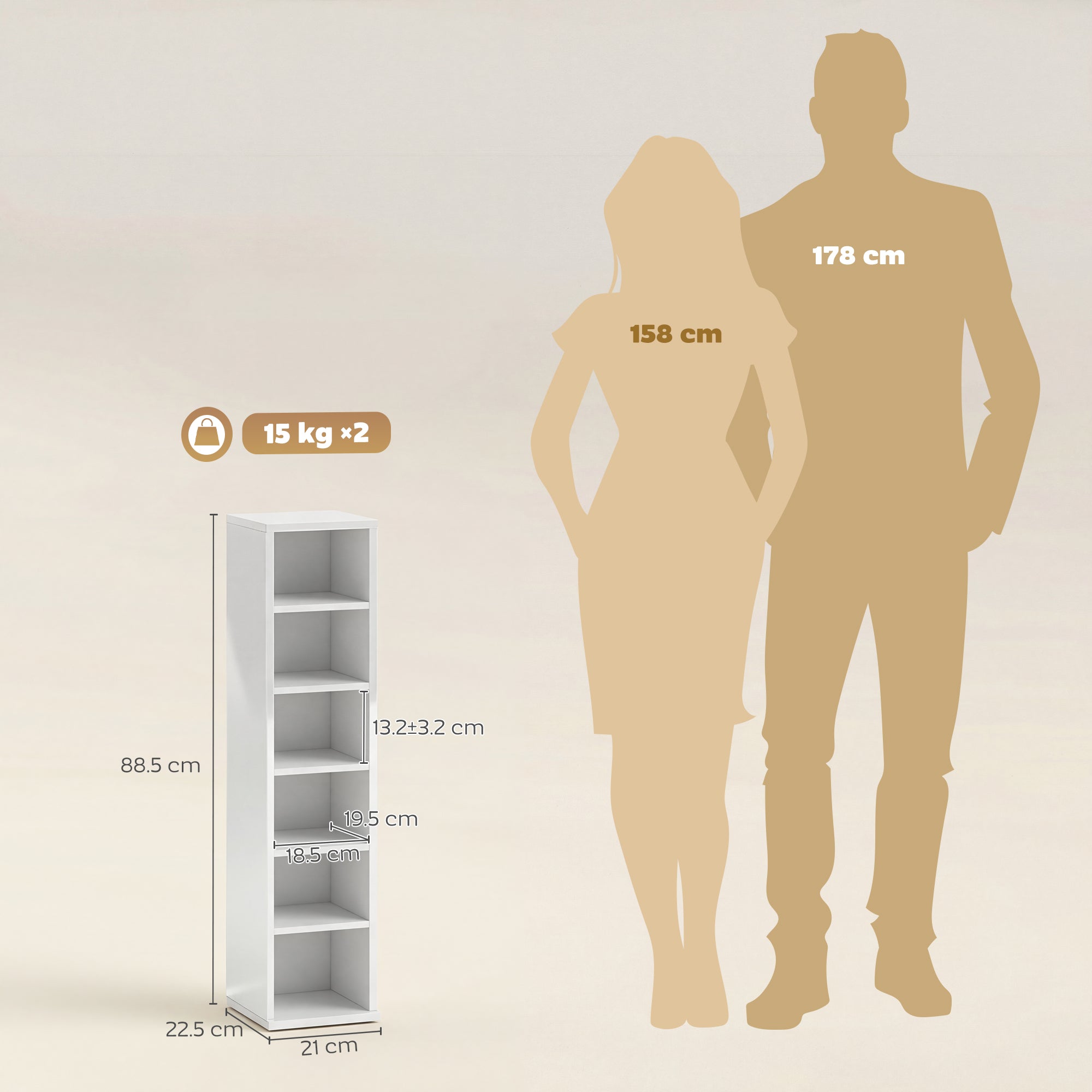 HOMCOM Set of 2 CD Media Display Shelf Unit Tower Rack with Adjustable Shelves, High Gloss White 